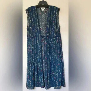 NWOT LC By Lauren Conrad Linear Botanical Long Vest  One Size Navy Blue Floral